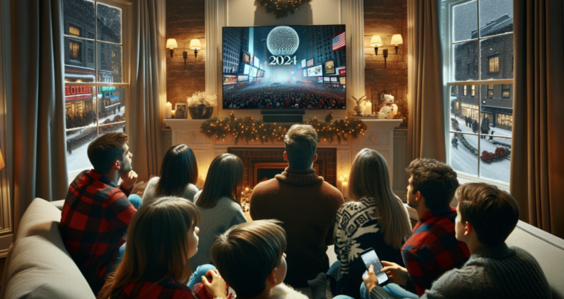 Group of people gathered around a TV watching the ball drop for New Year's Eve 2024